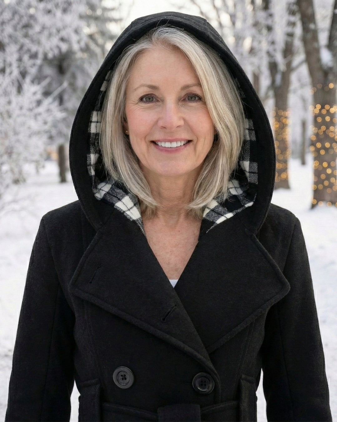 Hermeline Hooded Belted Plaid Collar Wool Coat for Women