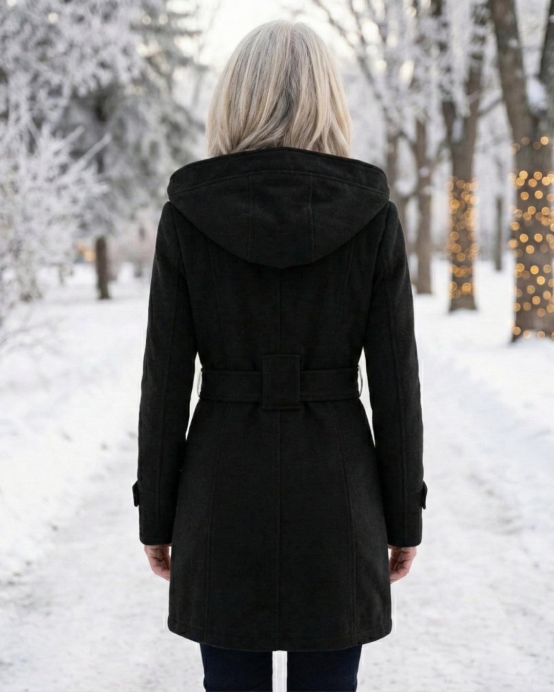 Hermeline Hooded Belted Plaid Collar Wool Coat for Women