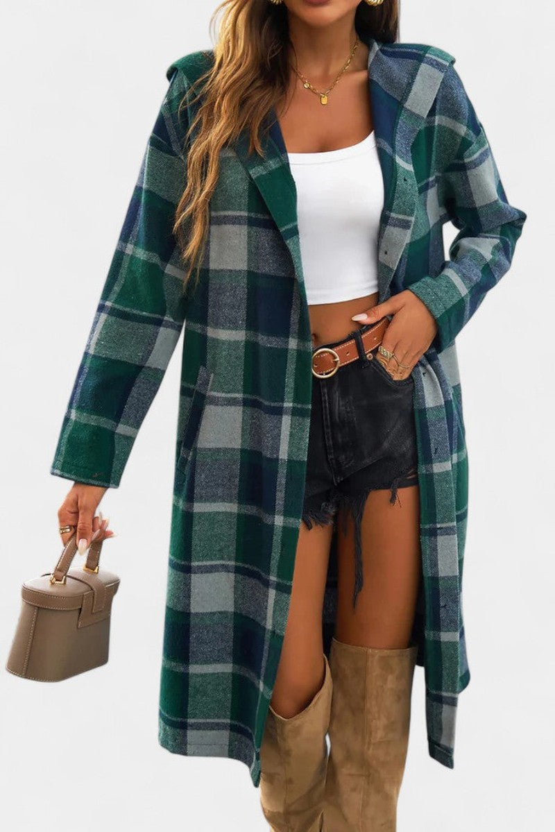 Hilarie Hooded Longline Wool Plaid Coat for Women