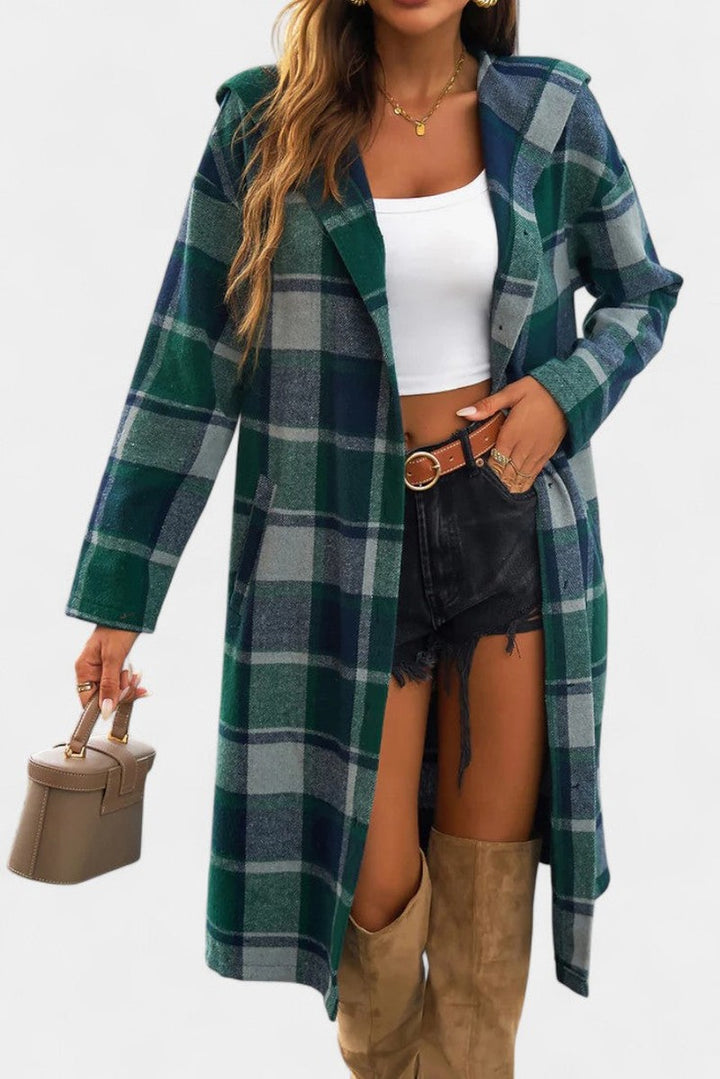 Hilarie Hooded Longline Wool Plaid Coat for Women