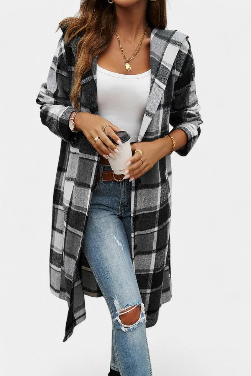 Hilarie Hooded Longline Wool Plaid Coat for Women