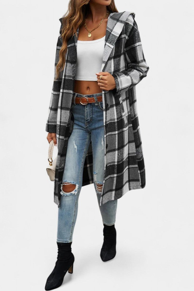 Hilarie Hooded Longline Wool Plaid Coat for Women
