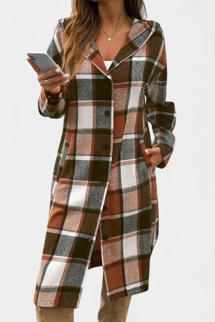 Hilarie Hooded Longline Wool Plaid Coat for Women