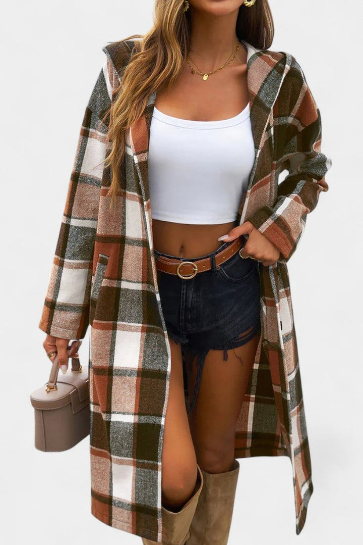 Hilarie Hooded Longline Wool Plaid Coat for Women