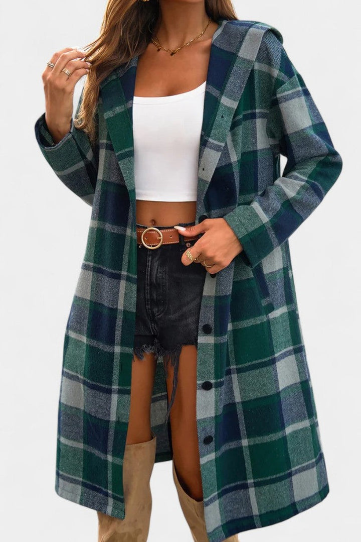 Hilarie Hooded Longline Wool Plaid Coat for Women