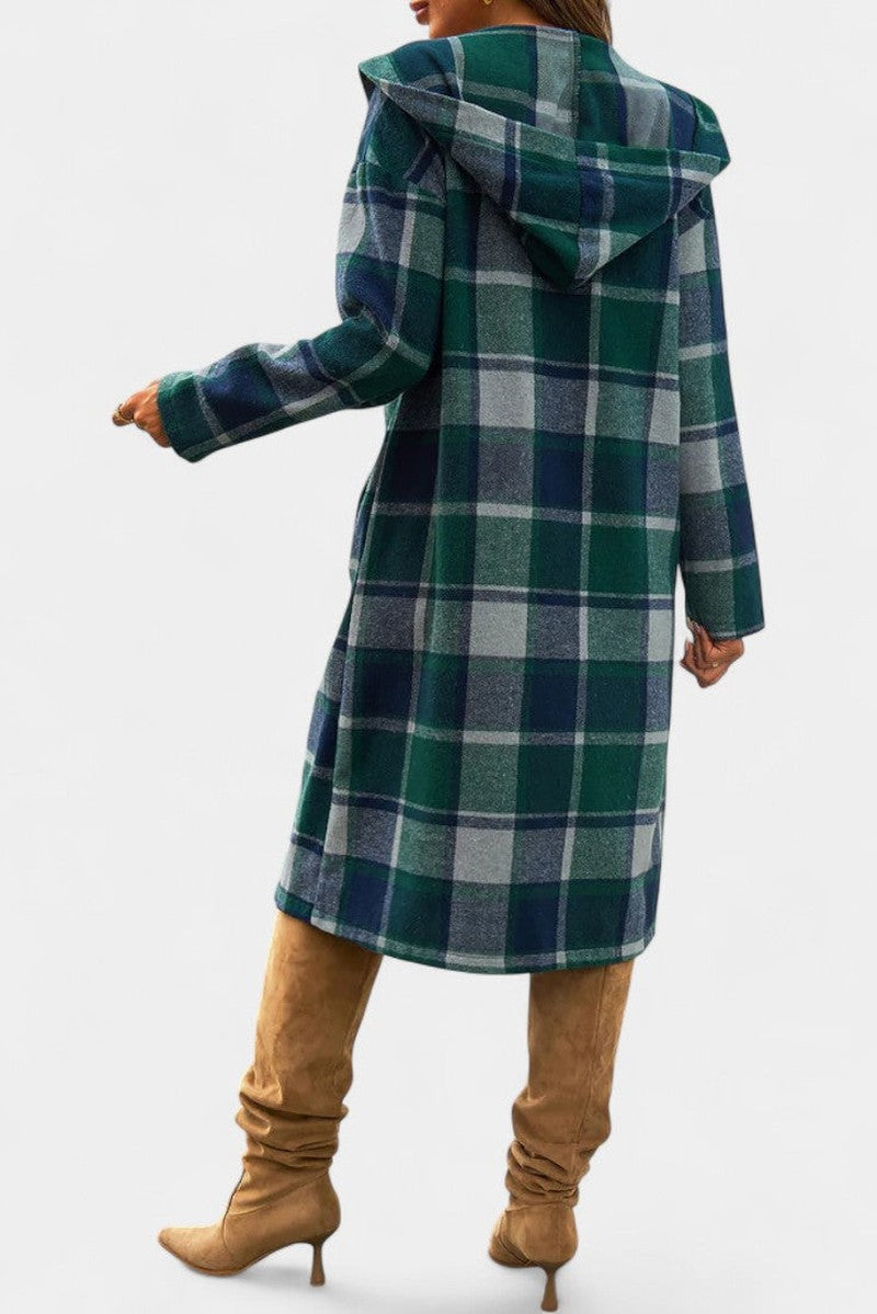 Hilarie Hooded Longline Wool Plaid Coat for Women