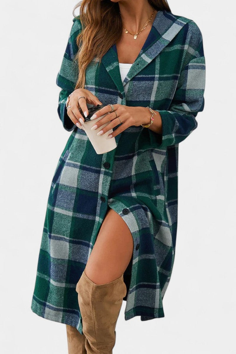 Hilarie Hooded Longline Wool Plaid Coat for Women