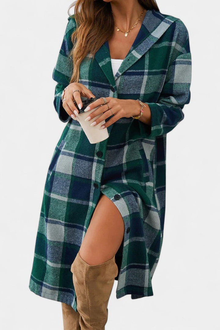 Hilarie Hooded Longline Wool Plaid Coat for Women