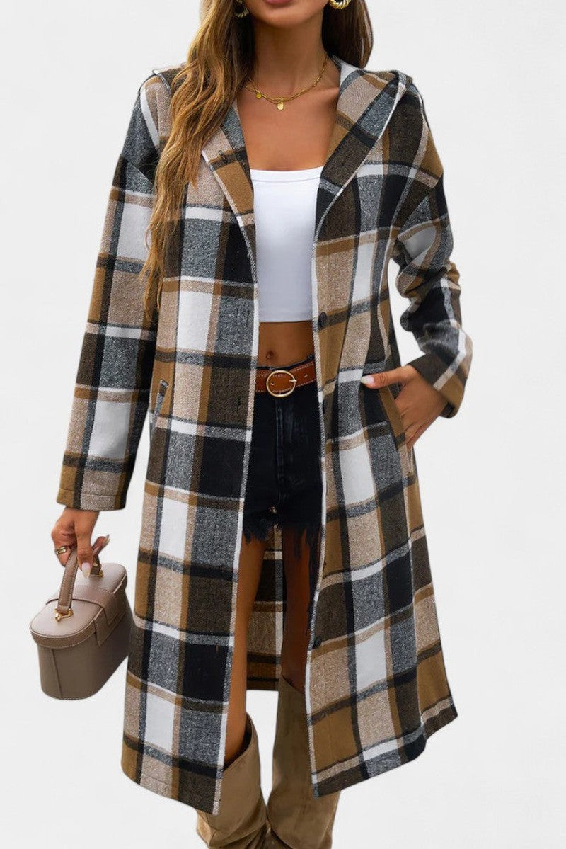 Hilarie Hooded Longline Wool Plaid Coat for Women