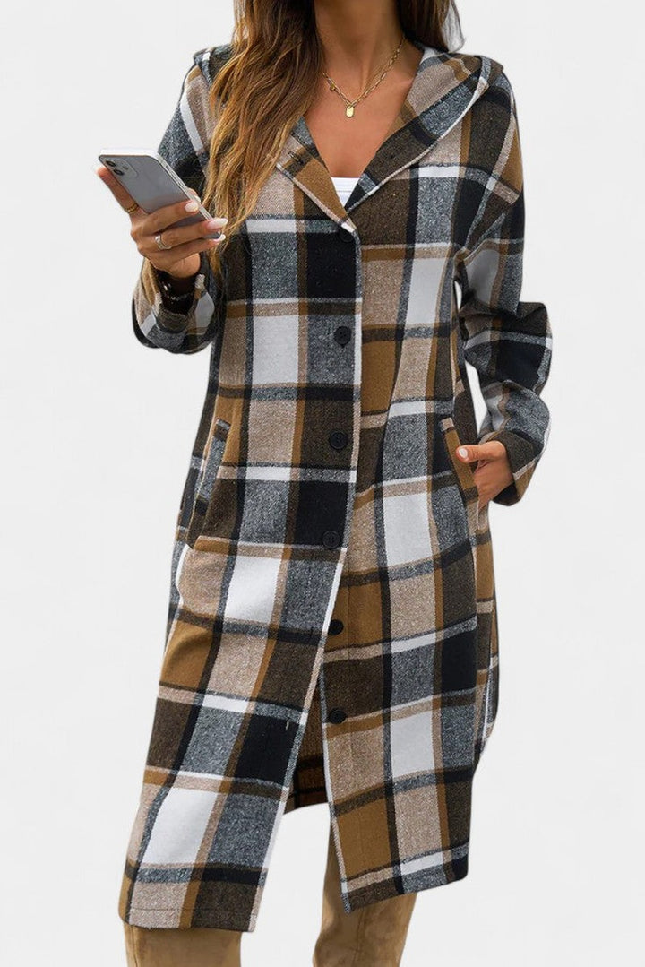 Hilarie Hooded Longline Wool Plaid Coat for Women