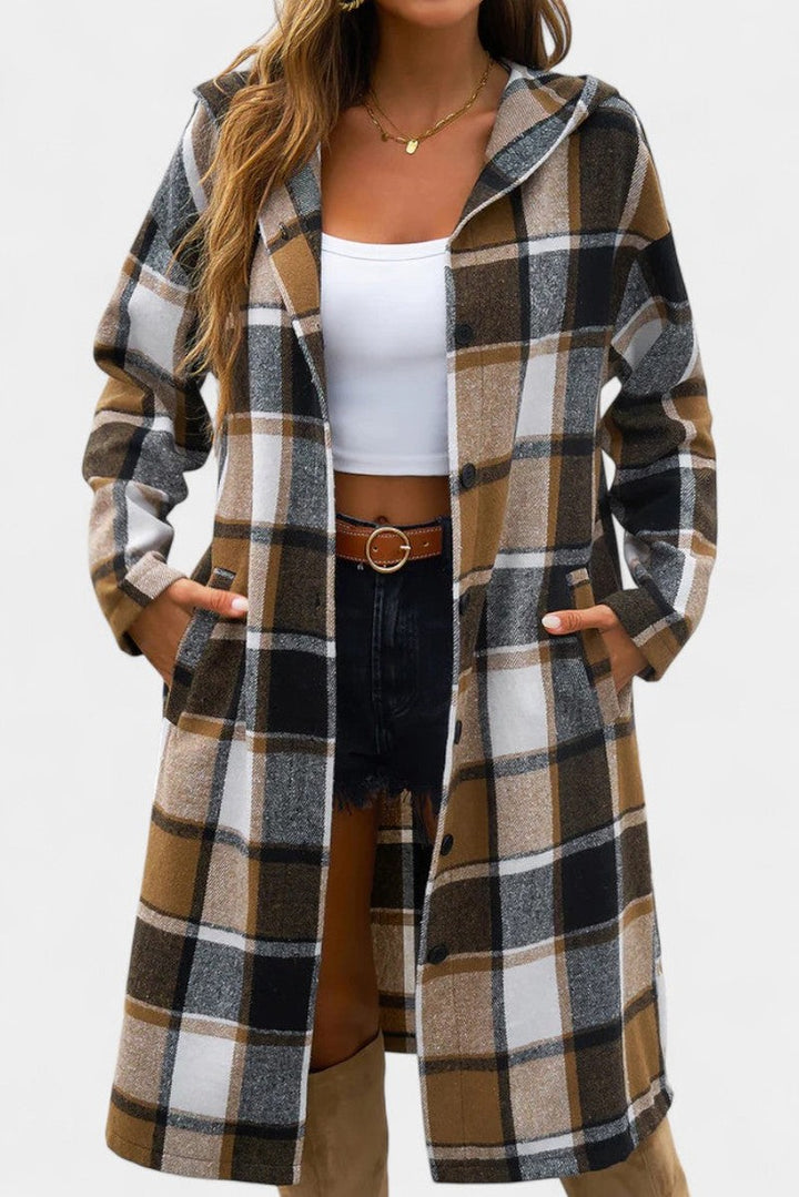 Hilarie Hooded Longline Wool Plaid Coat for Women