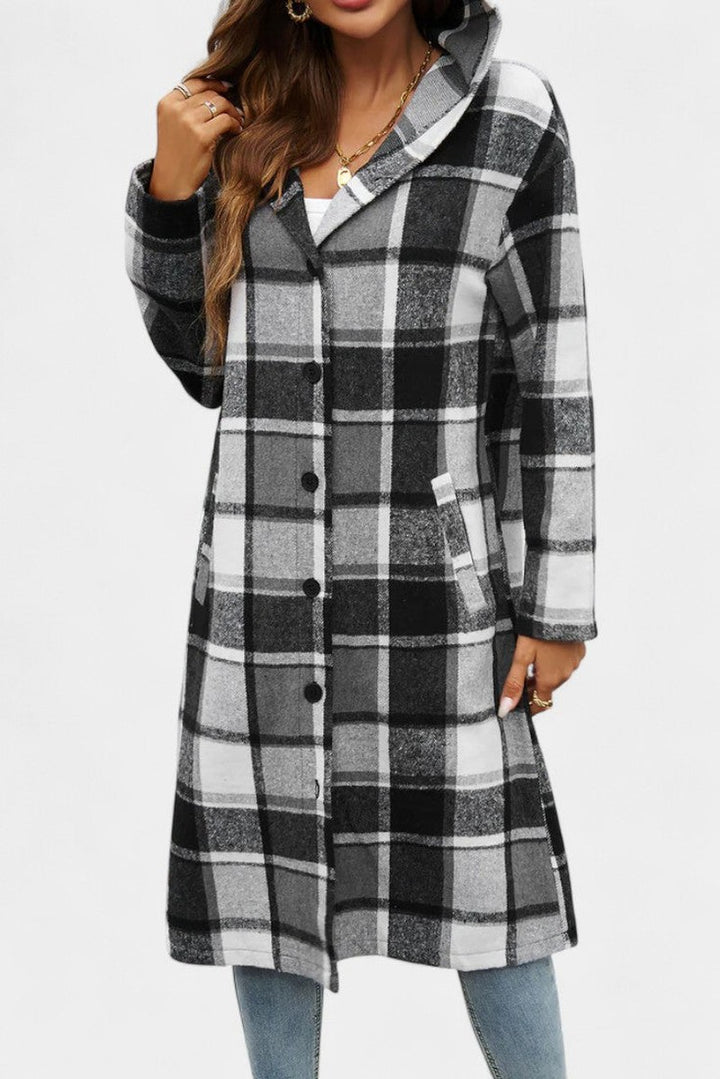 Hilarie Hooded Longline Wool Plaid Coat for Women