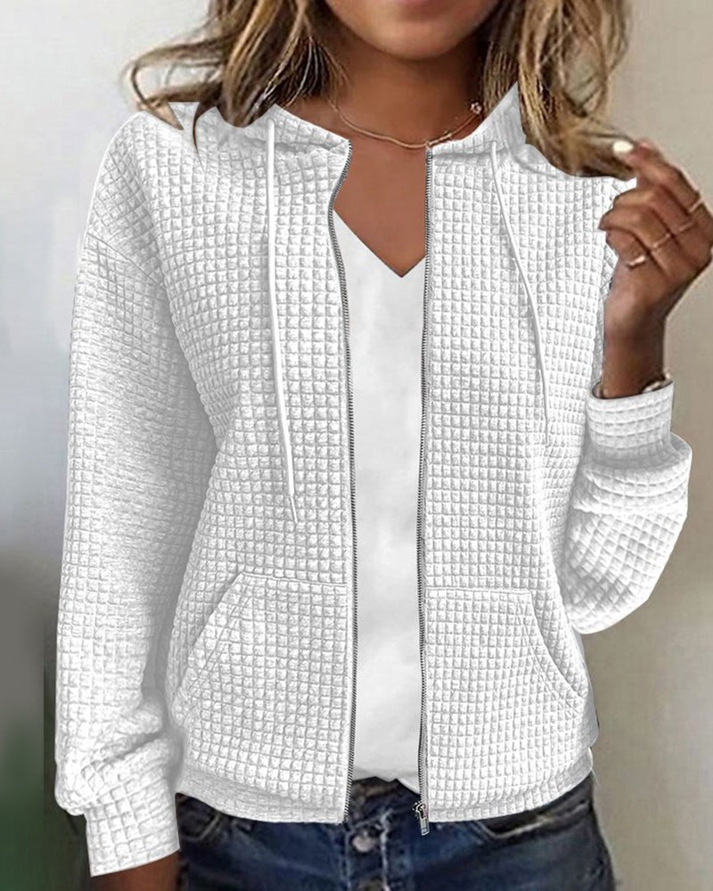 Textured Zip Up Hoodie for Women in white