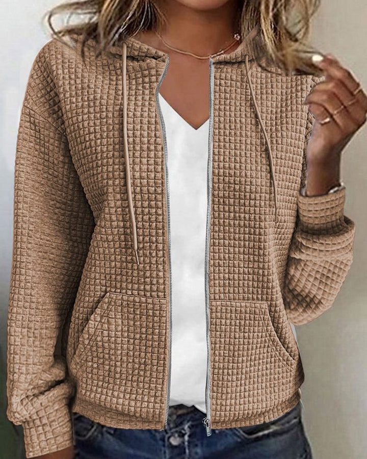 Textured Zip Up Hoodie for Women in khaki