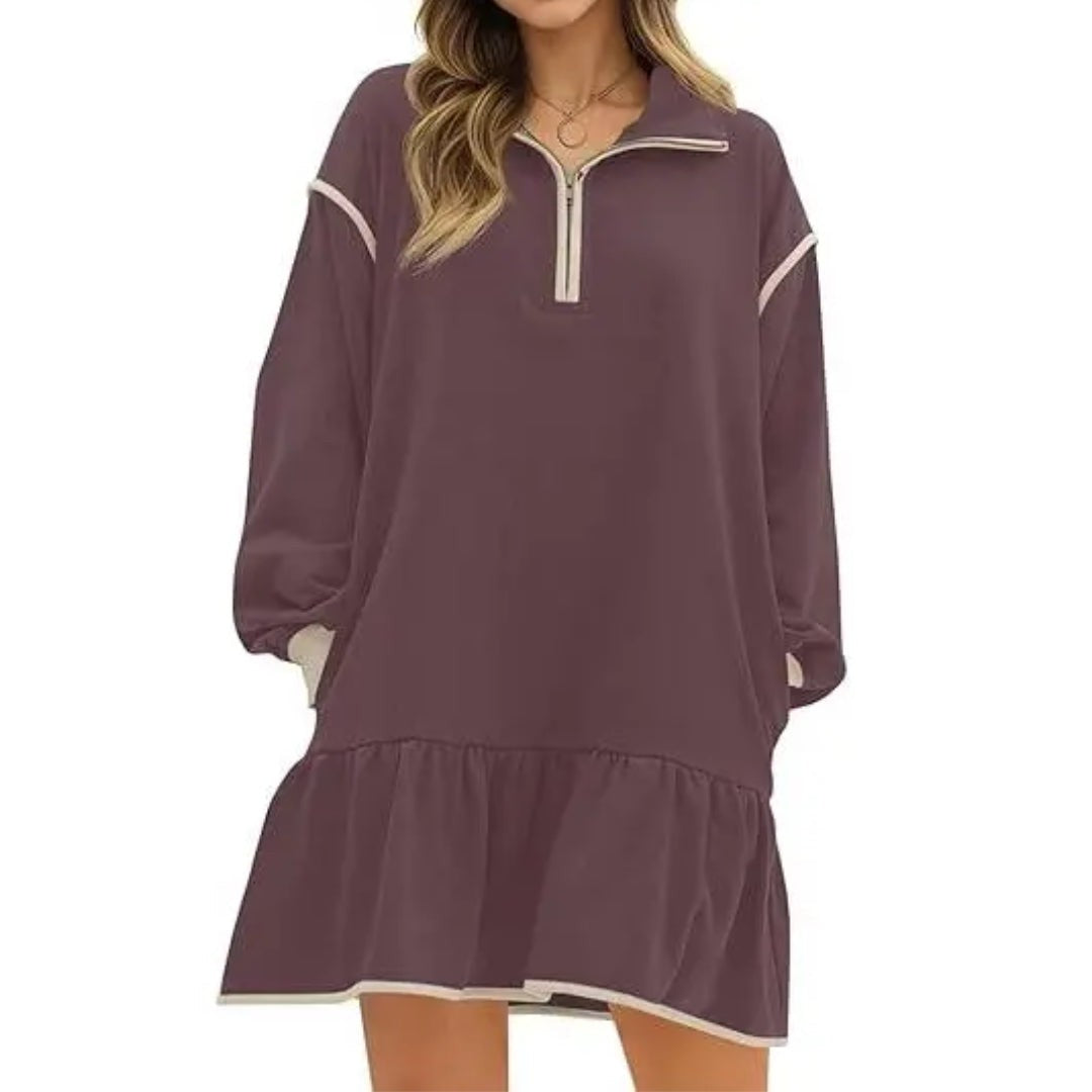 Quarter Zip Sweatshirt Dress with Ruffle Hem in mauve