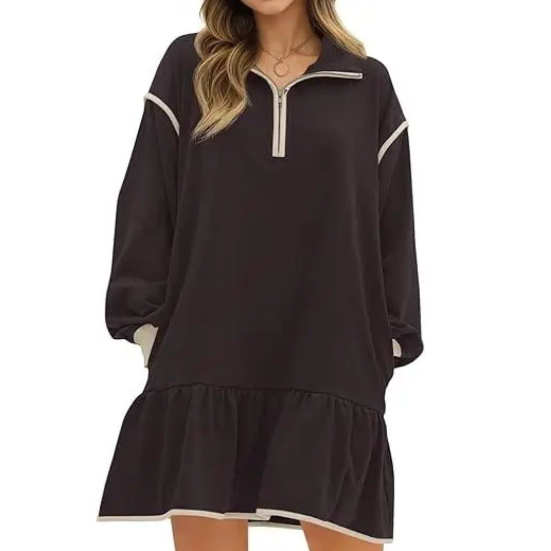 Quarter Zip Sweatshirt Dress with Ruffle Hem in chocolate brown