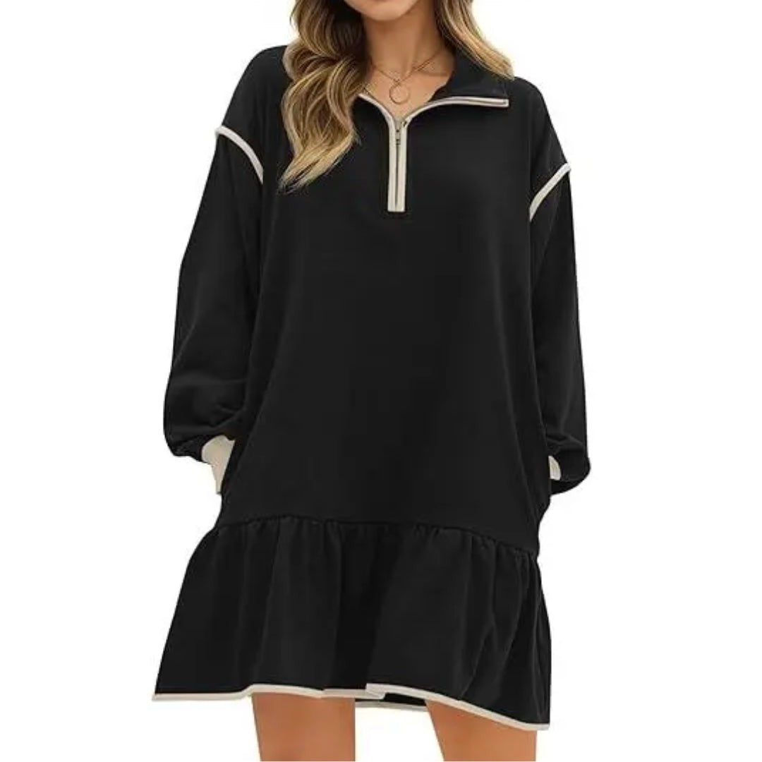 Quarter Zip Sweatshirt Dress with Ruffle Hem in black