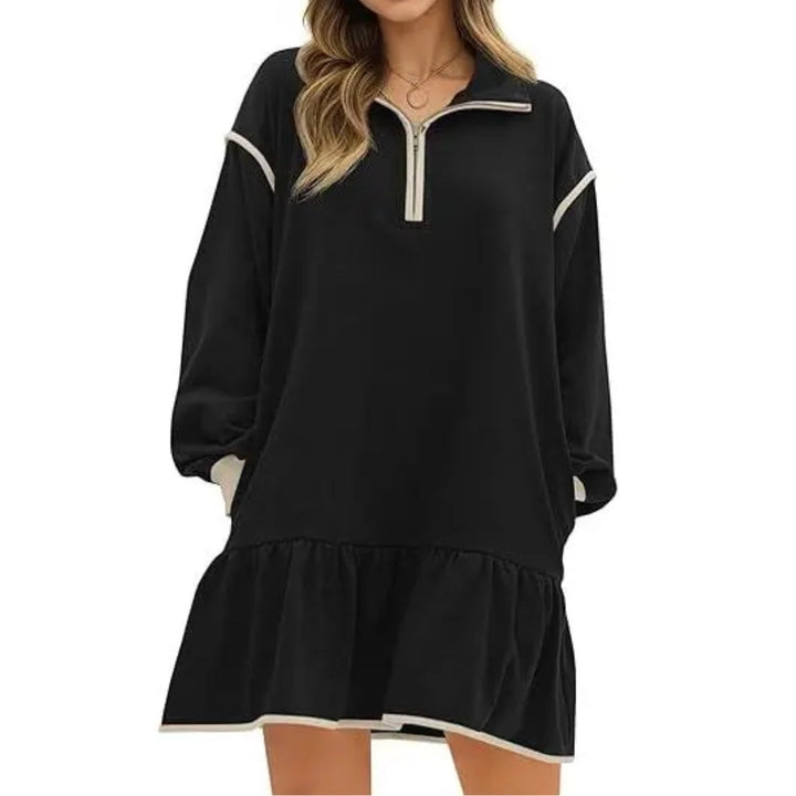 Quarter Zip Sweatshirt Dress with Ruffle Hem in black