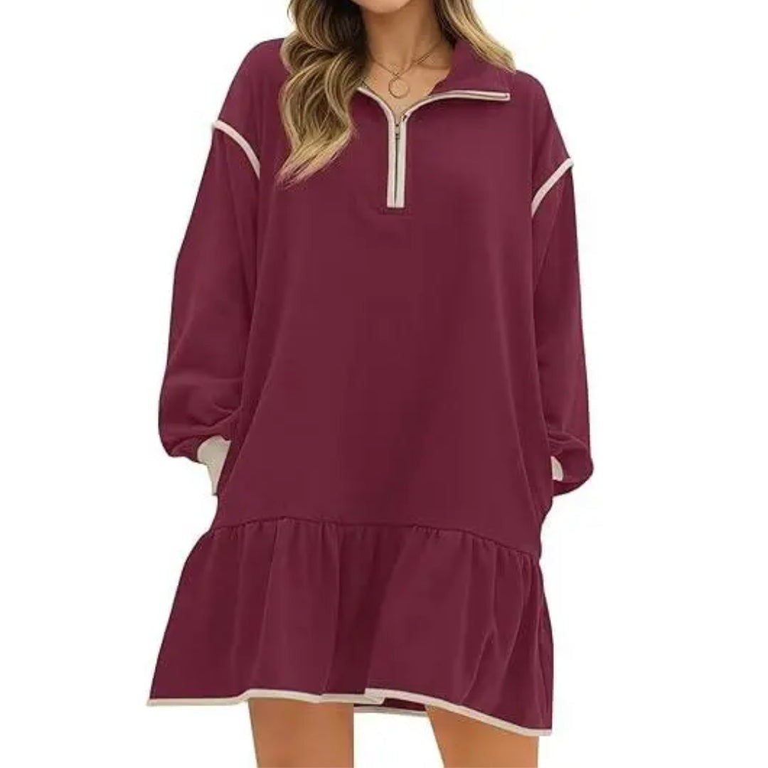Quarter Zip Sweatshirt Dress with Ruffle Hem in burgundy