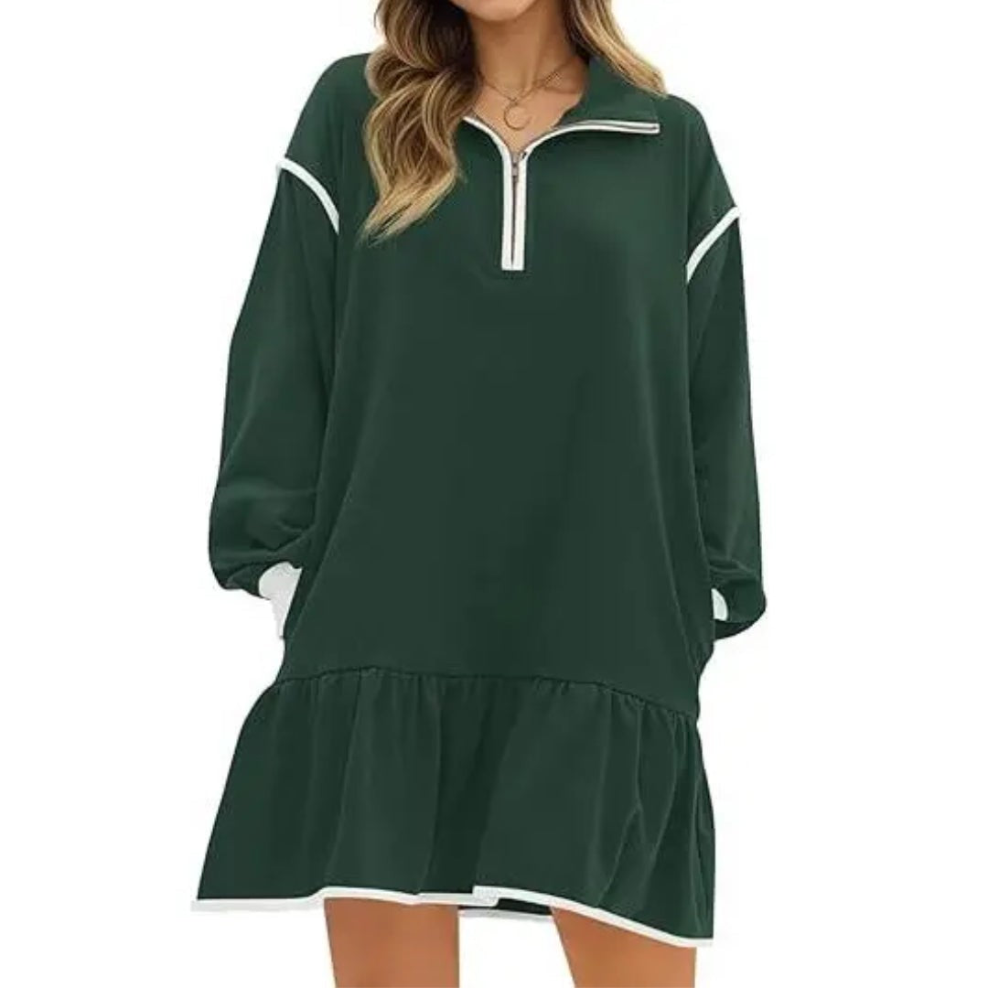 Quarter Zip Sweatshirt Dress with Ruffle Hem in dark green