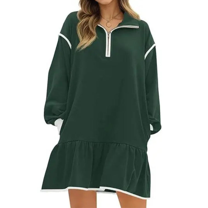 Quarter Zip Sweatshirt Dress with Ruffle Hem in dark green