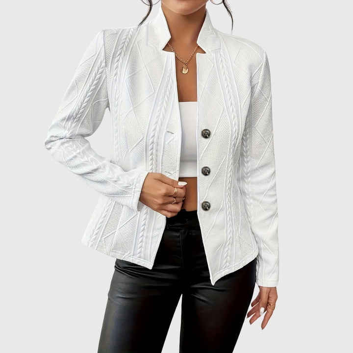 Cable Knit Blazer with Stand Collar and Buttons in white