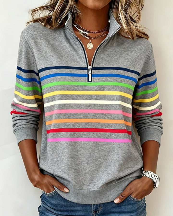 Striped Half Zip Sweatshirt for Women in grey