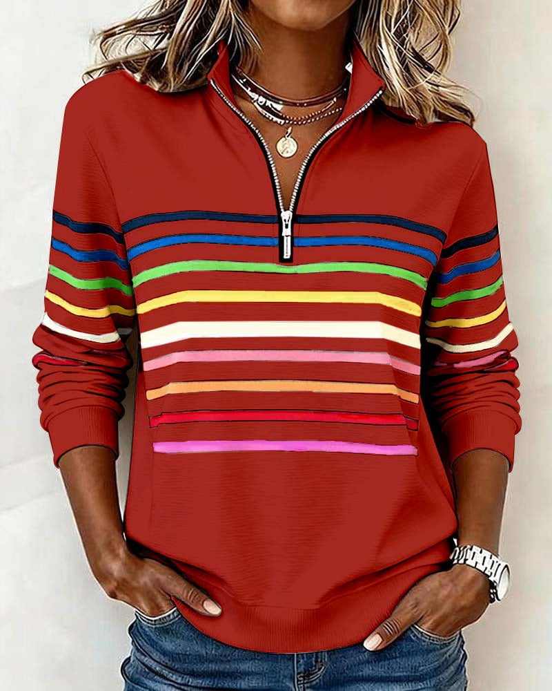 Striped Half Zip Sweatshirt for Women in red