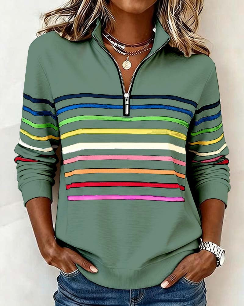 Striped Half Zip Sweatshirt for Women in green