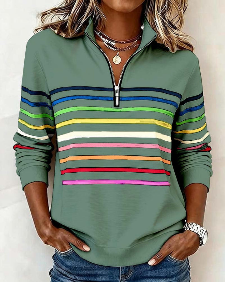 Striped Half Zip Sweatshirt for Women in green