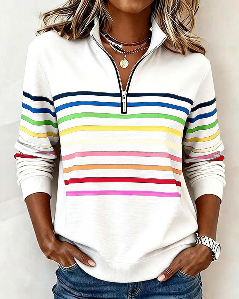 Striped Half Zip Sweatshirt for Women in white