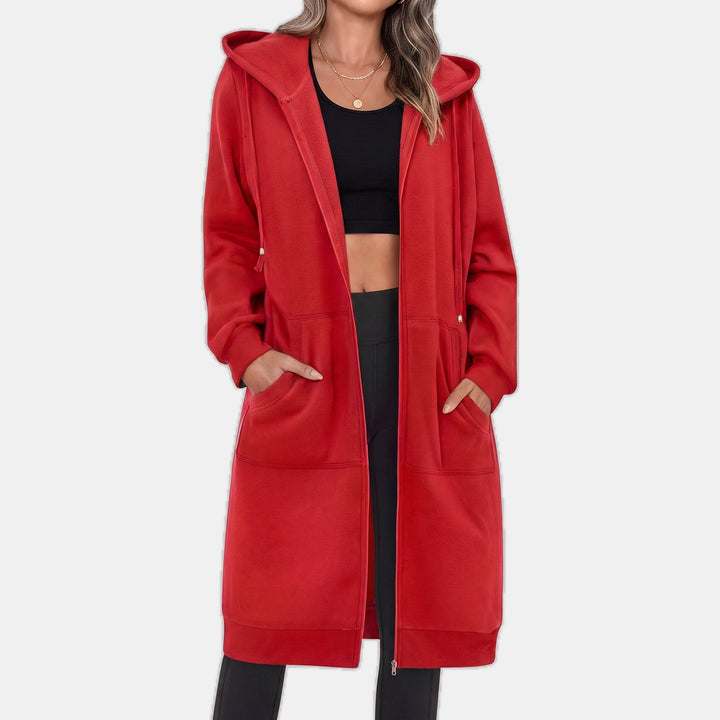 Longline Zip Up Fleece Hoodie for Women in red
