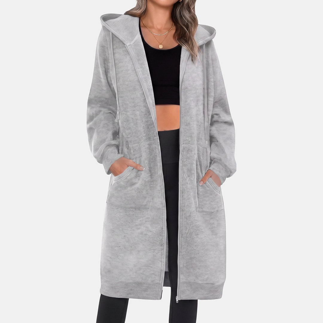 Longline Zip Up Fleece Hoodie for Women in light grey
