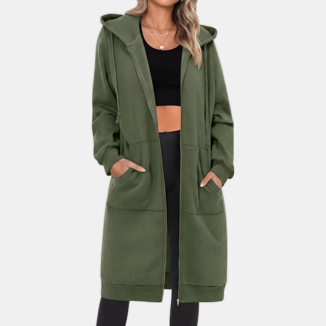 Longline Zip Up Fleece Hoodie for Women in army green