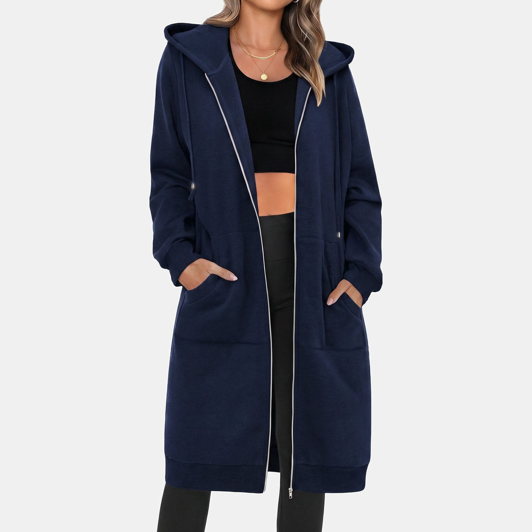 Longline Zip Up Fleece Hoodie for Women in dark blue