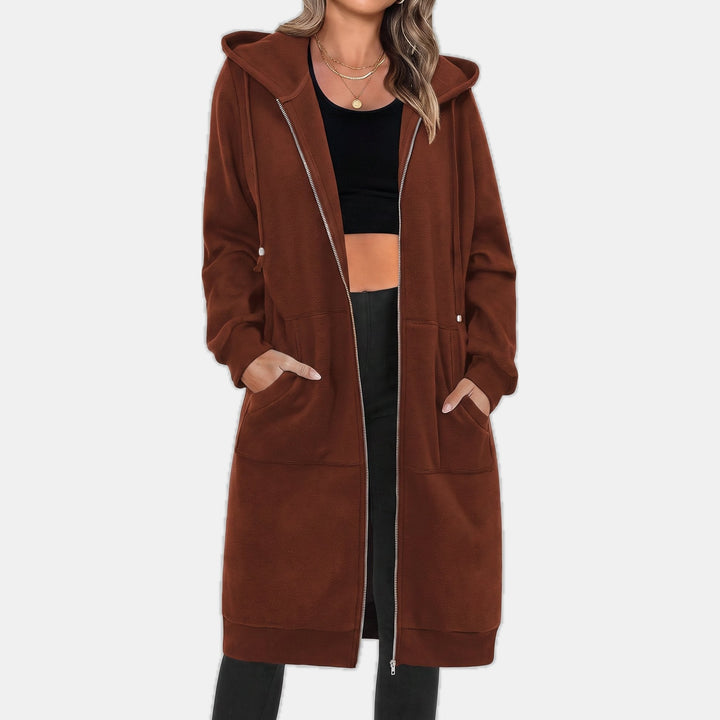 Longline Zip Up Fleece Hoodie for Women in brown