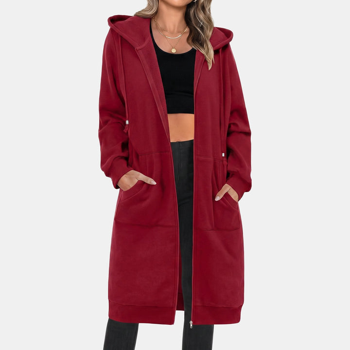 Longline Zip Up Fleece Hoodie for Women in claret
