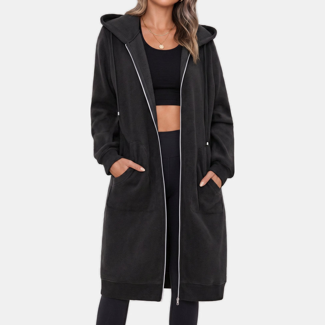 Longline Zip Up Fleece Hoodie for Women in black