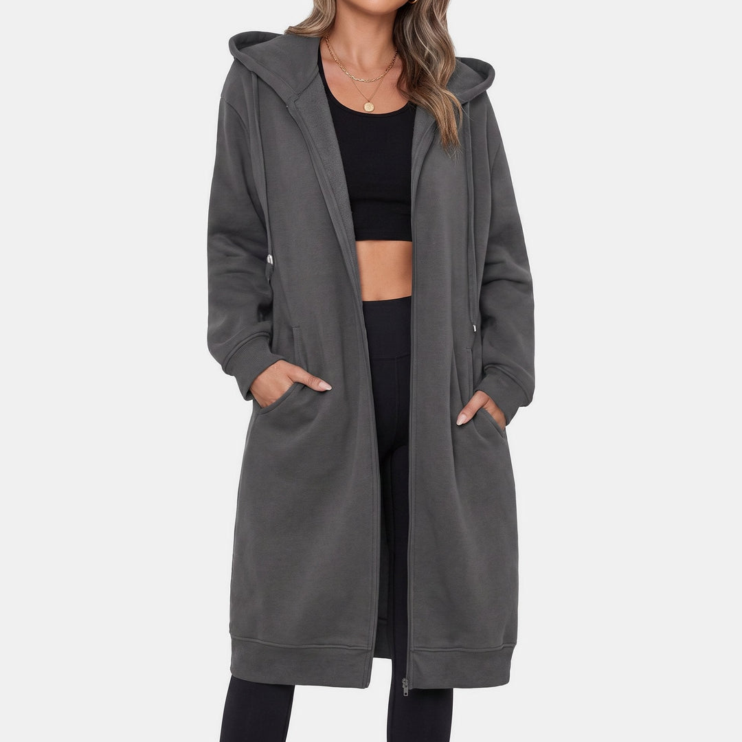 Longline Zip Up Fleece Hoodie for Women in grey