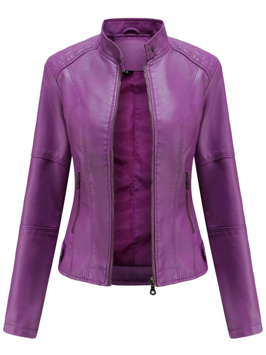 Fitted Faux Leather Biker Jacket for Women in purple