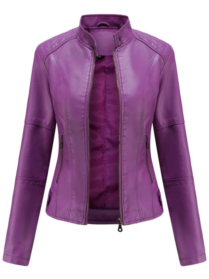 Fitted Faux Leather Biker Jacket for Women in purple