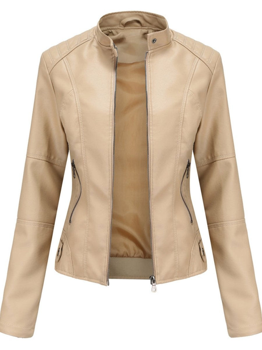 Fitted Faux Leather Biker Jacket for Women in beige