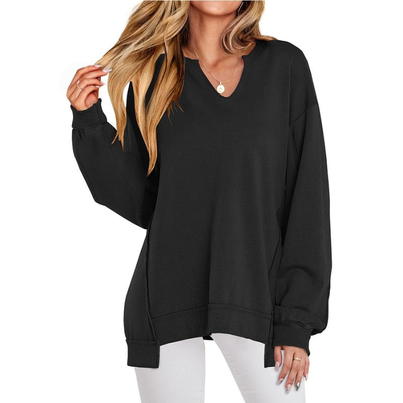 Oversized V Neck Tunic Sweatshirt for Women in black