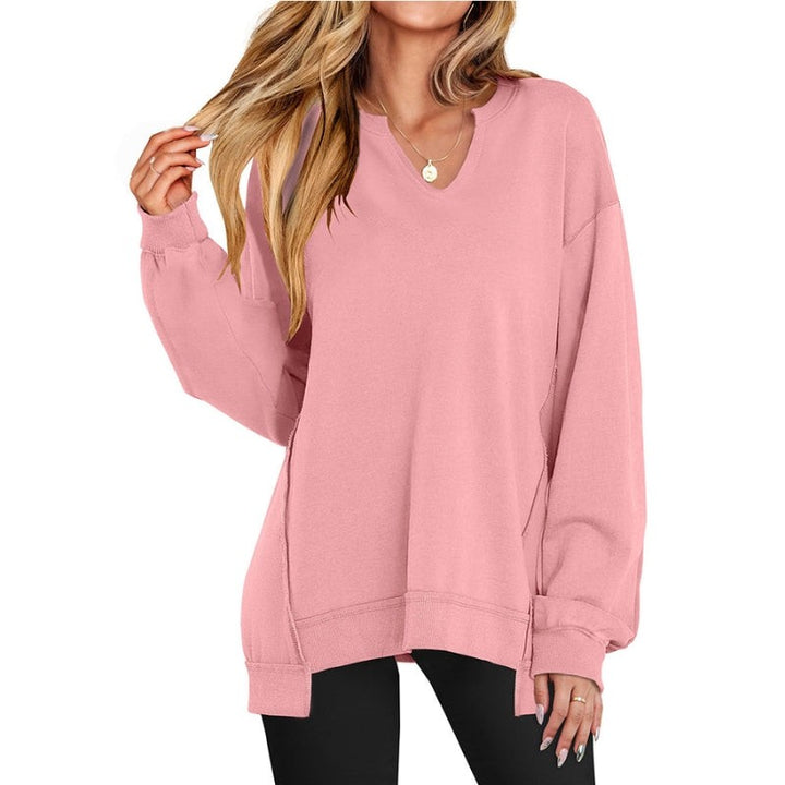 Oversized V Neck Tunic Sweatshirt for Women in pink