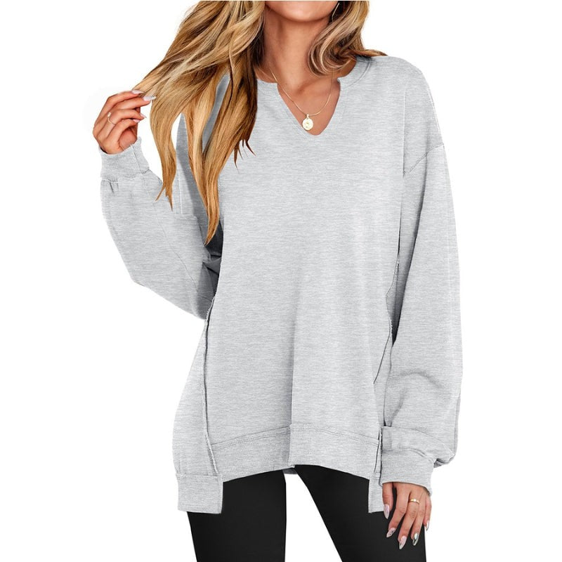 Oversized V Neck Tunic Sweatshirt for Women in light grey