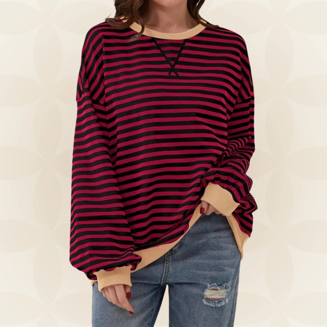 Striped Crewneck Sweatshirt for Women in dark red