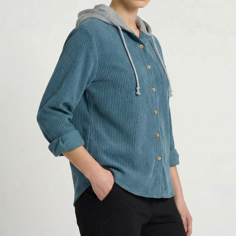 Corduroy Hoodie with Button Front for Women