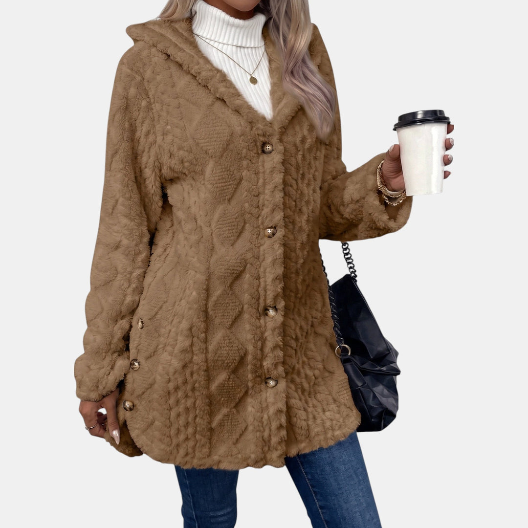 Hooded Teddy Fleece Cardigan for Women in camel
