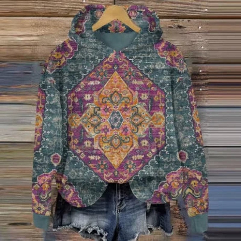 Mandala Print Hoodie for Women in amber mandala