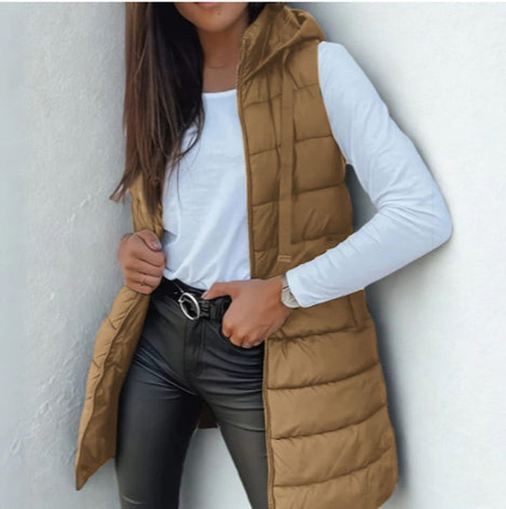Long Puffer Vest with Hood and Zip Front in khaki